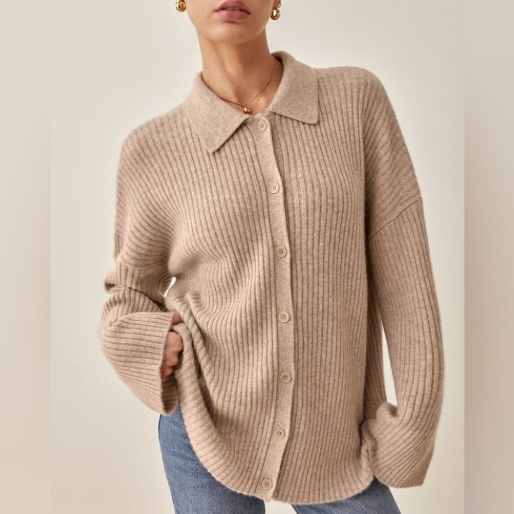 Reformation Fantino Cashmere Collared Cardigan in Oatmeal Beige - size S - Picture 2 of 9